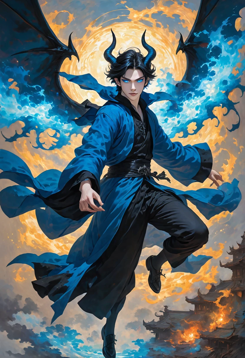 In this striking image of a male warlock, we see a handsomely dark and mysterious teenager with long black hair, pale skin, devil horns, and piercing glowing blue eyes. His blue robes billow around him as he soars through the mid-air using his demon-like wings. The warlock's striking features include sharp fangs, devil horns protruding from beneath his dark, and a captivating eldritch presence. Bathed in a mystical glow, the image portrays him floating effortlessly, showcasing his mastery of witchcraft and arcane arts. The full-bodied depiction, perhaps a painting, exudes a sense of high-quality artistry, capturing the mesmerizing allure of this supernatural being.