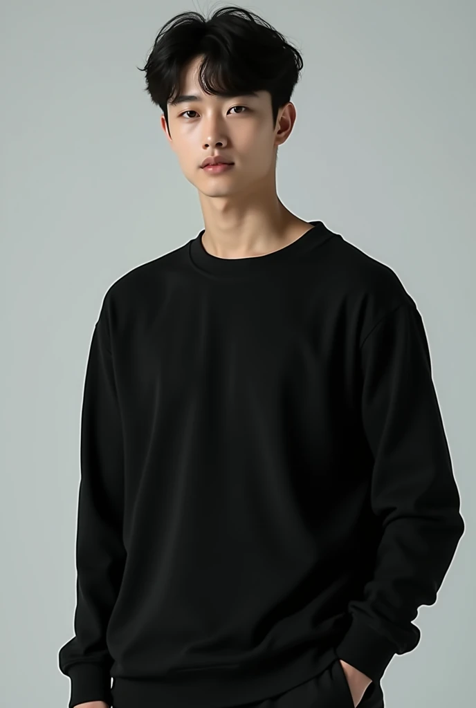 A fair-skinned Korean teenager wearing a black shirt , Official product pictures, Bad Ulzzang, long-sleeved shirts, Inspiration from Zhang Han, Inspired by Jeon Seok Lee, long-sleeved shirt, Chai Sukun, Handsome Chinese guy