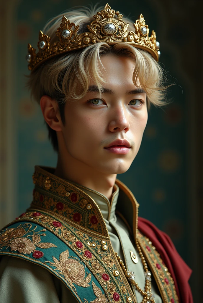 Jeon Jungkook. Korean boy with blond hair, greeneyes. A prince with crowns and royal clothes. Half of the face covered in thorns. 