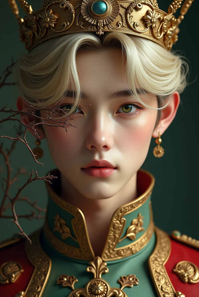 Jeon Jungkook. Korean boy with blond hair, greeneyes. A prince with crowns and royal clothes. Half of the face covered in thorns.