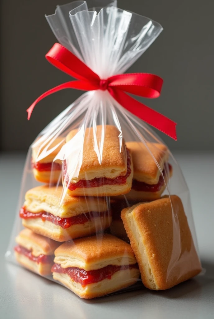 A bag of Brazilian sweet goiabinha (which is a piece of guava paste rolled in a square, flat dough rolled diagonally and baked in the oven) in a plastic bag tied at the end with a red bow. There are 8 units inside the bag.
Make sure that there is an almost triangular piece of dough on the edges of the sweet with the excess filling visible.