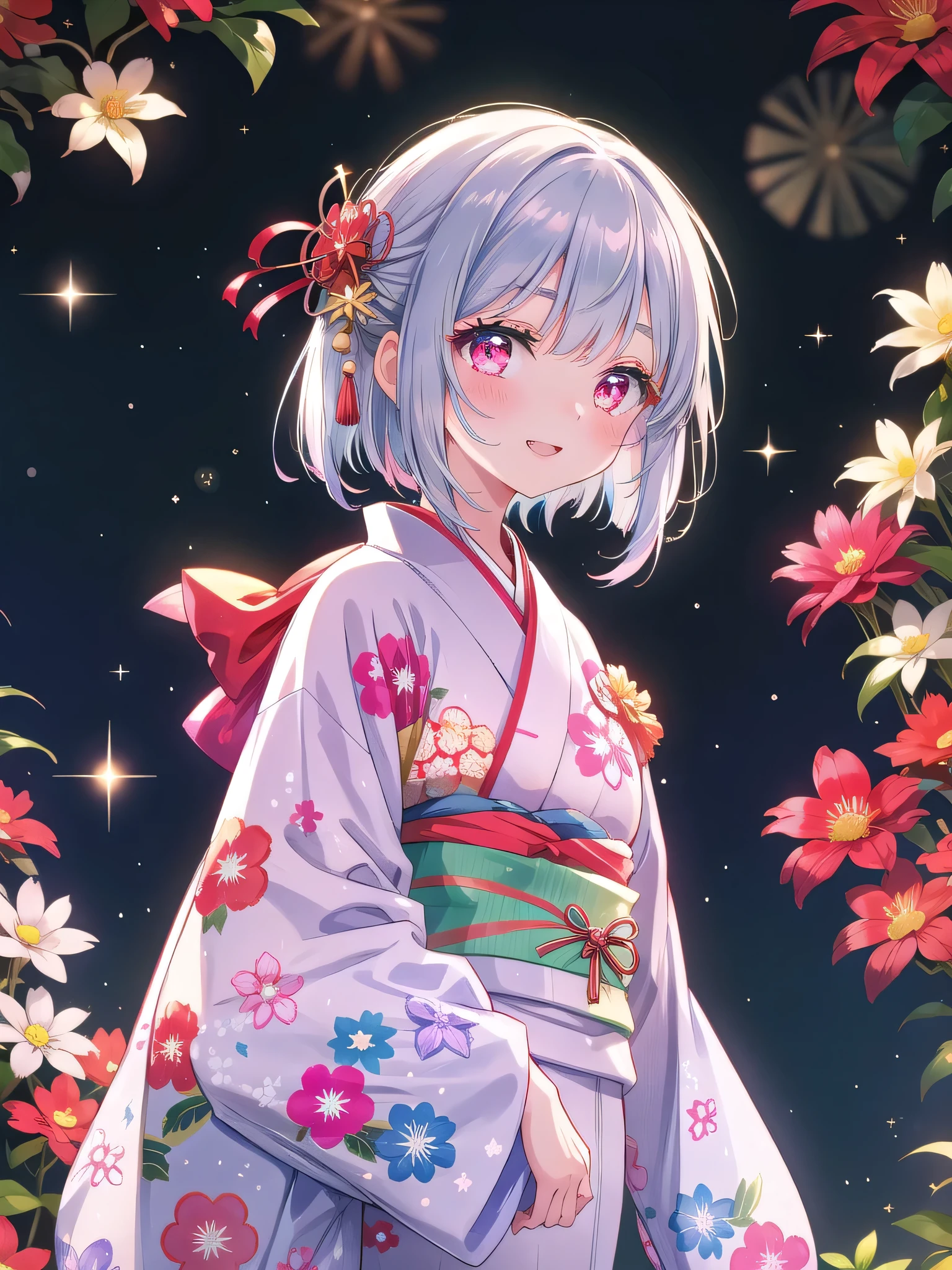 ((8k, Highest quality, masterpiece: 1.3)), Ultra-high resolution, (1 girl, alone), (Color changing eyes, Ultra-detailed, Expressive brilliance, Glitter, Glowing Eyes), Highly detailed eyes, Highly detailed face, Random Hair, ((pastel colour)) Create an image of a cute anime girl with (light blue shoulder-length bob-cut hair), which has a natural shine and soft texture. Her bangs are gently parted to the sides, slightly above her eyebrows. She has large, vibrant pink eyes that are glossy, reflecting her joyful spirit. Her expression is bright and cheerful, with a genuine, wide smile that reveals her joy. Her eyes are slightly squinted, showing the natural crease of laughter, and her mouth is open just enough to reveal a sense of excitement. Her cheeks are lightly flushed, enhancing her cheerful demeanor, and there’s a sparkle in her eyes that suggests she’s caught in a delightful moment. The corners of her lips are lifted in a way that conveys genuine happiness, creating a warm and inviting vibe. She is wearing a traditional Japanese yukata with a white base and pink and red floral patterns, accented with a subtly visible red obi at the neckline. A blue flower hairpin adorns the left side of her hair, adding a touch of elegance and cuteness. The background is set at night with a deep blue sky, creating a serene and magical atmosphere. Slight hints of traditional Japanese architecture are visible, enhancing the calm and evening ambiance around her, making it feel like a joyful and festive summer night.