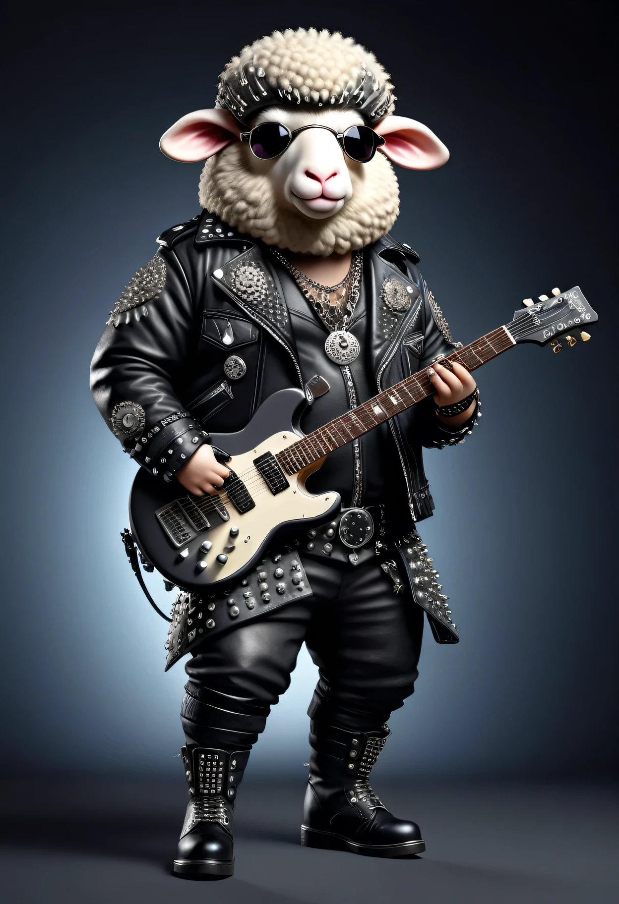 photorealistic portrait of Dressed animals - a ((fat)) sheep punk-rocker, (full body image:1.5), (furry),(holding a punk style electric guitar:1.5), Wearing a tailored black leather jacket featuring intricate silver stud patterns reminiscent of sacred symbols, (wearing sunglasses),leather boots, adorned in a modern punk-rock ensemble,, detailed and opulent description of modern punk-rock style, studio lighting, intricate ornate accessories, stage background,(viewed from side:1.5),score_9, score_8_up, score_7_up, score_6_up, score_5_up, score_4_up,