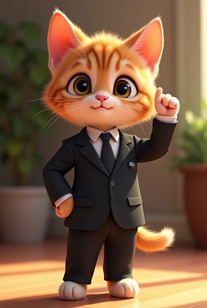 "Pixar-style AI-generated kitten points to head with one paw。 The kitten is wearing a sharp fitted suit、Professional yet adorable appearance。 The suit is dark in color、Small ties and pocket squares、Subtle details are given。 The background is simple、Focus on the confident and playful pose of the kitten、Illuminated by a soft light。 The overall style is lovely、The kitten&#39;s expressive big eyes and soft fur、In a charming and professional look、It captures the essence of adorable anime characters.。"