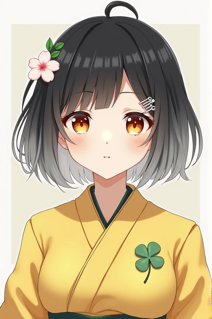 Hair: black - gray 
Eyes: Orange
 Hair accessory: cherry blossom hair clip 
Costume: Yellow Kimono
 imprint: clover