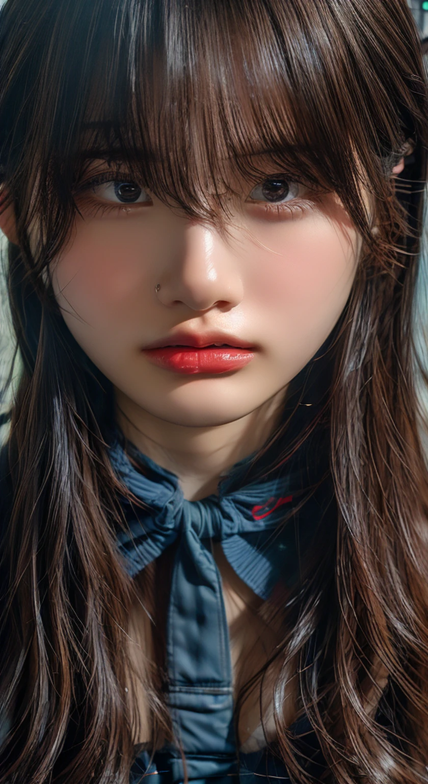 (Highest quality、Tabletop、、Best image quality、Award-winning works)、Extremely cute and lewd high school girl、White polyester collared shirt ripped because her breasts were too big、Short sleeve:1.4)、(Navy Pleated Skirt:1.1)、Girl portrait photography、Glowing Skin、Brown Hair、Are standing、View your viewers、Sculpture Pose、(Classroom Background:1.45)、(Large Breasts:1.8)、Accentuate your body lines:1.1)、Very large red ribbon tie、Very long hair:1.75、((A face begging a man to rape her:1.95))