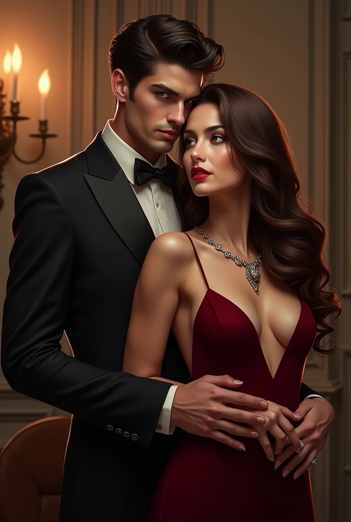 Black-haired man with green eyes in a suit holding a brown-haired woman with brown eyes by the waist and wearing a wine-red dress with a wolf-shaped necklace