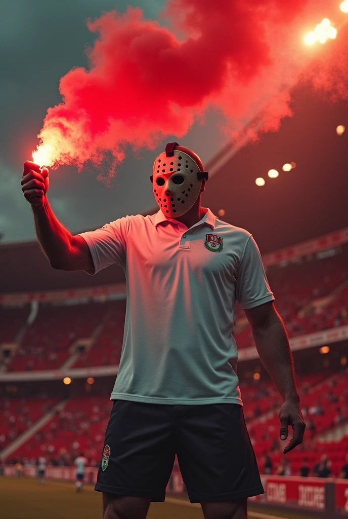 jason voorhees in white polo collar soccer jersey. Holding flare with red smoke In the background a stadium with red stands. Fans behind with red flares