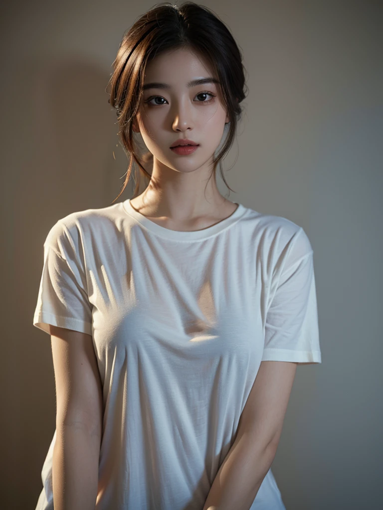 Highest quality、masterpiece、Ultra-high resolution、(Realism:1.4)、 1 person、In a pale background、Deep Shadow、Low Key、Shortcuts、Upper Body、sex appeal、Wearing a thick T-shirt、Cosmetic CM