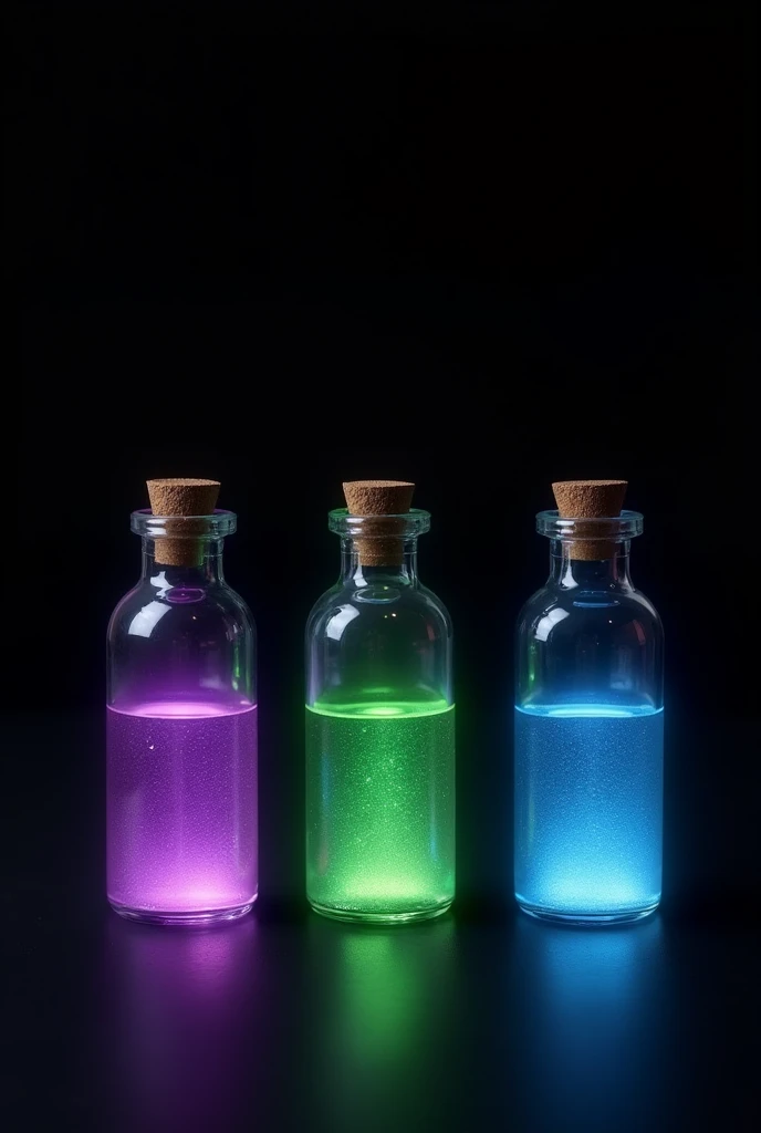3 bottles with essence inside, they must be separated in the image, the background must be completely black. Inside the bottles must contain respectively, mystical essences in the colors Purple, green and blue. small bottles in the image and the completely black background, to become individual icons the 3. 