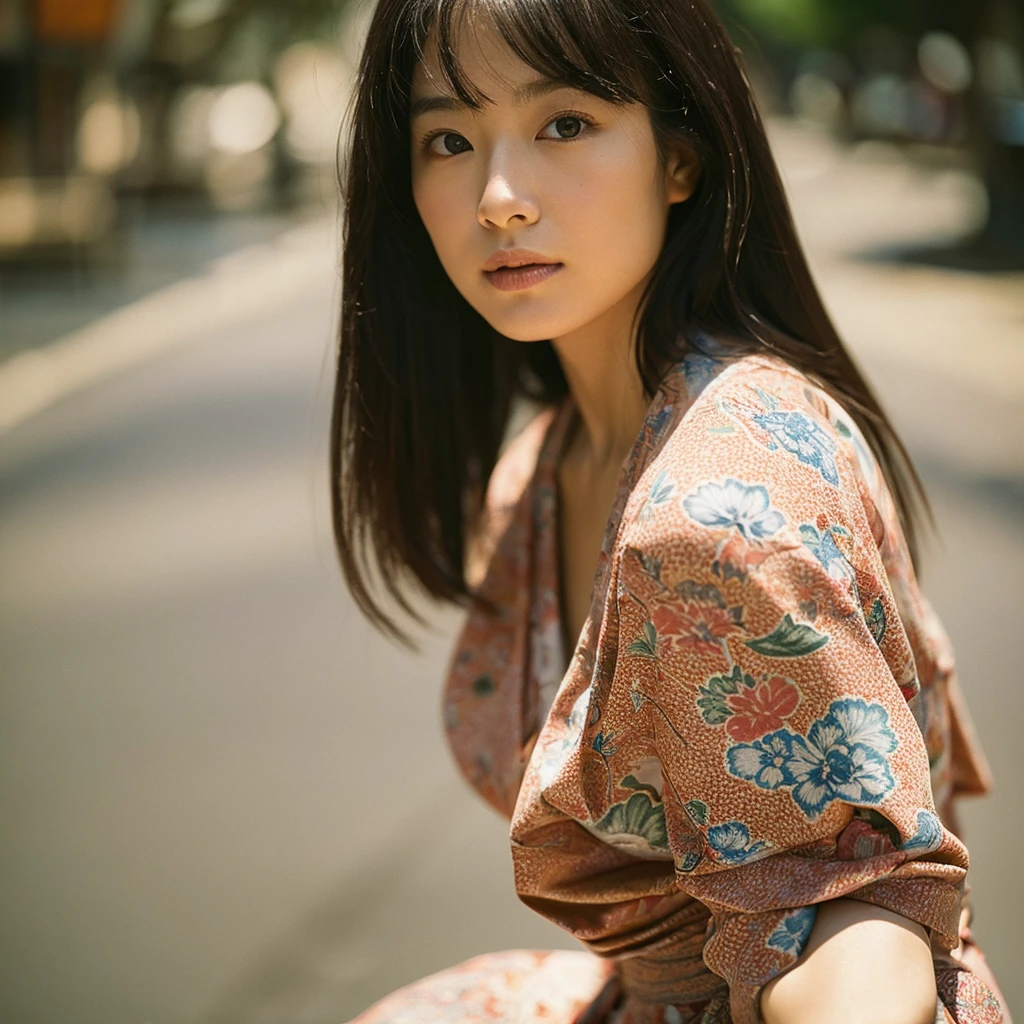 A hyper-realistic image of a single Japanese woman in her early 20s, captured from the shoulders up with the nostalgic warmth and subtle graininess of a film camera. She is wearing a traditional yukata with a vibrant, cute design featuring bold and colorful floral patterns such as cherry blossoms and peonies in shades of pink, red, and lavender, set against a soft pastel background. The obi is elegantly tied with a complementary color, adding a playful touch. The fabric of the yukata appears naturally lightweight, with visible folds and textures that enhance its realism, draping gracefully over her shoulders. Her skin, seen clearly from the shoulders up, has a warm beige tone with a highly realistic, slightly rough texture, showing visible pores, fine lines, and minor blemishes. The texture includes areas of slight unevenness, such as subtle dryness around the cheeks and small shadows under the eyes, deliberately embracing imperfections that mimic real-life skin, avoiding any airbrushed look. The lighting is soft and muted, replicating gentle, diffused natural light from an overcast day or early evening, creating soft shadows that enhance the depth and authentic texture of her skin, emphasizing every detail like the fine hairs and natural sheen. Her straight, glossy black hair frames her face naturally, slightly tousled, adding to the authenticity of her look. Her deep brown eyes subtly reflect the ambient light, providing depth and a lifelike quality. The film camera effect introduces a noticeable grain and a soft focus, giving the image a warm, nostalgic atmosphere while maintaining the raw, lifelike quality of her skin. The composition is centered solely on her, capturing her serene and understated elegance, focusing closely on the realistic textures of the yukata and her genuinely natural skin texture, as if it were a photograph taken in real life.