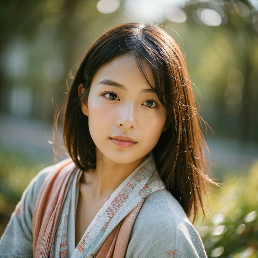 A hyper-realistic image of a single Japanese woman in her early 20s, captured from the shoulders up with the nostalgic warmth and subtle graininess of a film camera. She is wearing a traditional yukata with a vibrant, cute design featuring bold and colorful floral patterns such as cherry blossoms and peonies in shades of pink, red, and lavender, set against a soft pastel background. The obi is elegantly tied with a complementary color, adding a playful touch. The fabric of the yukata appears naturally lightweight, with visible folds and textures that enhance its realism, draping gracefully over her shoulders. Her skin, seen clearly from the shoulders up, has a warm beige tone with a highly realistic, slightly rough texture, showing visible pores, fine lines, and minor blemishes. The texture includes areas of slight unevenness, such as subtle dryness around the cheeks and small shadows under the eyes, deliberately embracing imperfections that mimic real-life skin, avoiding any airbrushed look. The lighting is soft and muted, replicating gentle, diffused natural light from an overcast day or early evening, creating soft shadows that enhance the depth and authentic texture of her skin, emphasizing every detail like the fine hairs and natural sheen. Her straight, glossy black hair frames her face naturally, slightly tousled, adding to the authenticity of her look. Her deep brown eyes subtly reflect the ambient light, providing depth and a lifelike quality. The film camera effect introduces a noticeable grain and a soft focus, giving the image a warm, nostalgic atmosphere while maintaining the raw, lifelike quality of her skin. The composition is centered solely on her, capturing her serene and understated elegance, focusing closely on the realistic textures of the yukata and her genuinely natural skin texture, as if it were a photograph taken in real life.