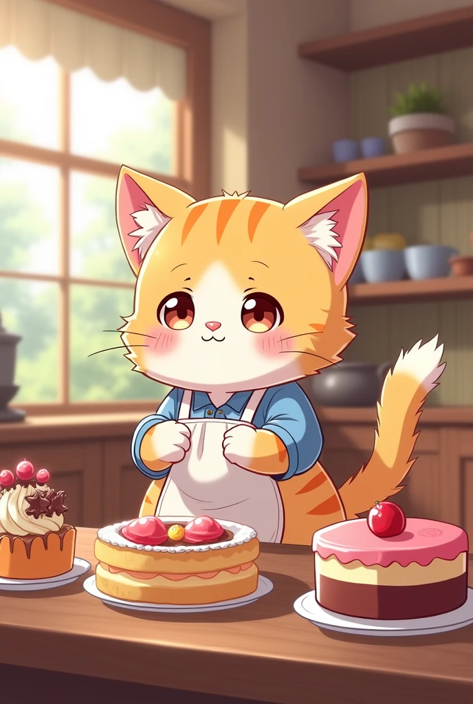 a cat making desserts or having desserts around, Let the image be anime style