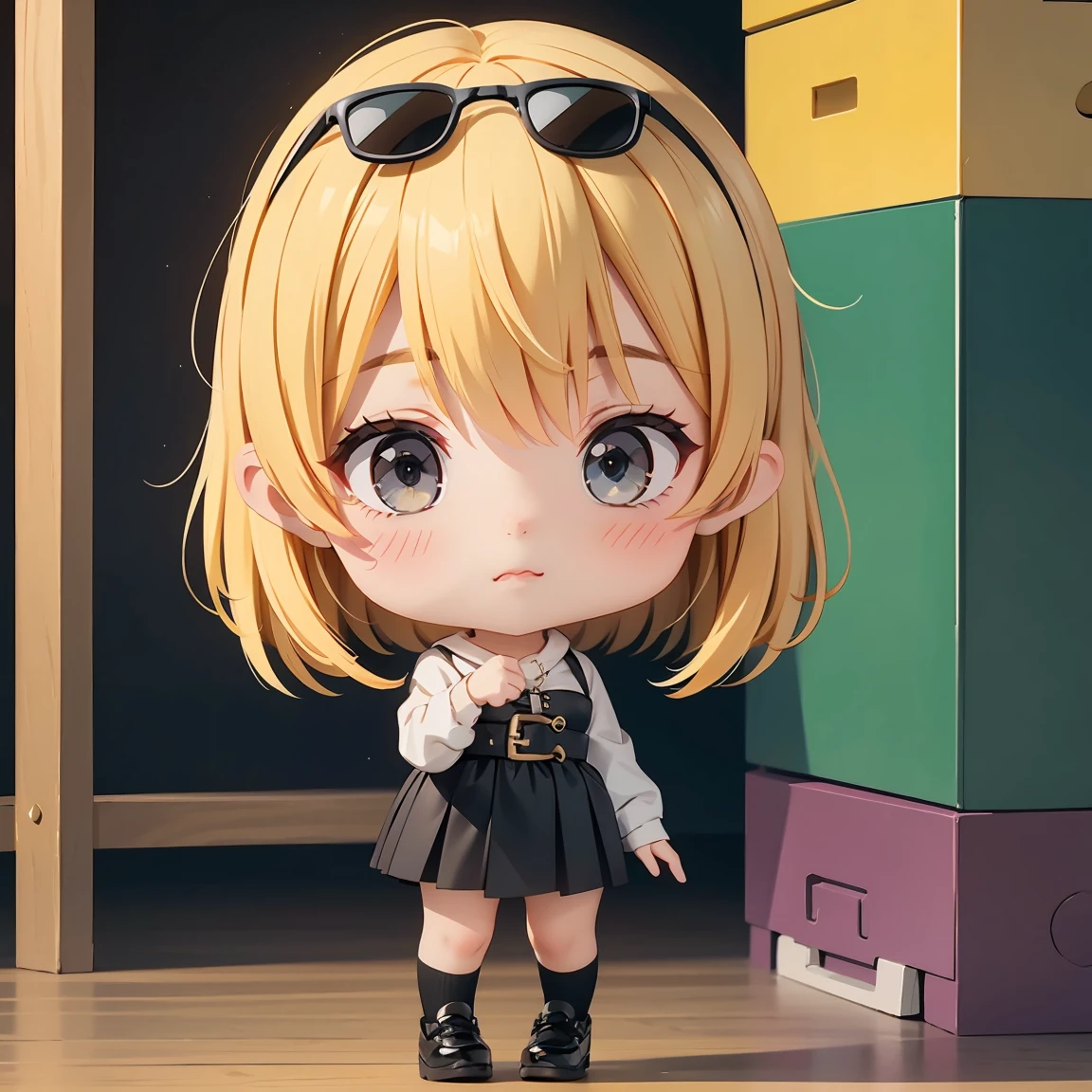Super Chibi Character:1.8、Blonde Hair、Cute girl、Spy-style costume、Super Chibi Character:1.8、Wearing very large black sunglasses、wear black shoes
