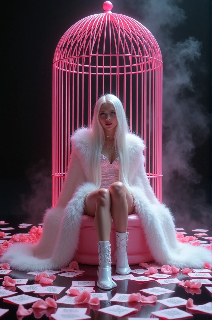 A woman with long white hair,She will wear a very luxurious velvet dress and a white fur coat,a white futuristic boot,I want her inside a pink cage, the black background and there will be pink smoke,I want Y2K XOXO written on the background ,I want her without sensuality posing inside the cage,I want water on the floor with several love letters,I want her sitting inside the locked cage and show the image from afar,I want her beautiful like a model