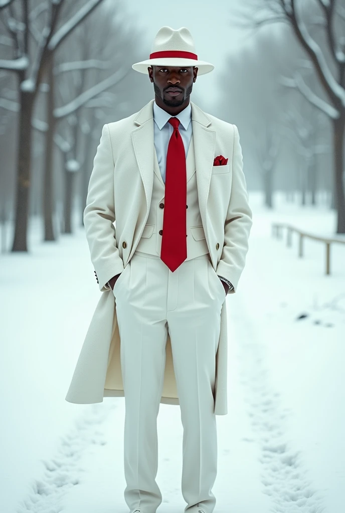 Black man at bar in snow-white suit and hat with red sash 
