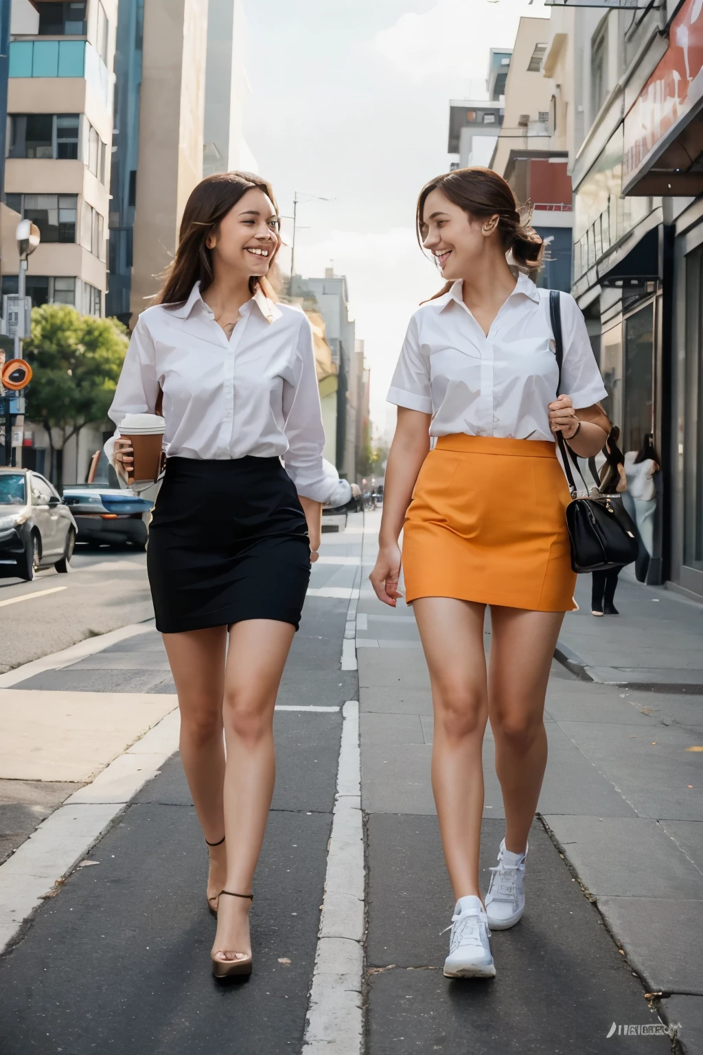 Here’s a prompt in English describing two women walking to work in a cartoon style:
"Two female cartoon characters are walking together to work, smiling and chatting. They have expressive faces, with big eyes and bright colors. They wear stylish business outfits, with one carrying a briefcase and the other holding a coffee cup. The background shows a lively cityscape with colorful buildings and a rising sun, adding a cheerful and energetic vibe to the scene."