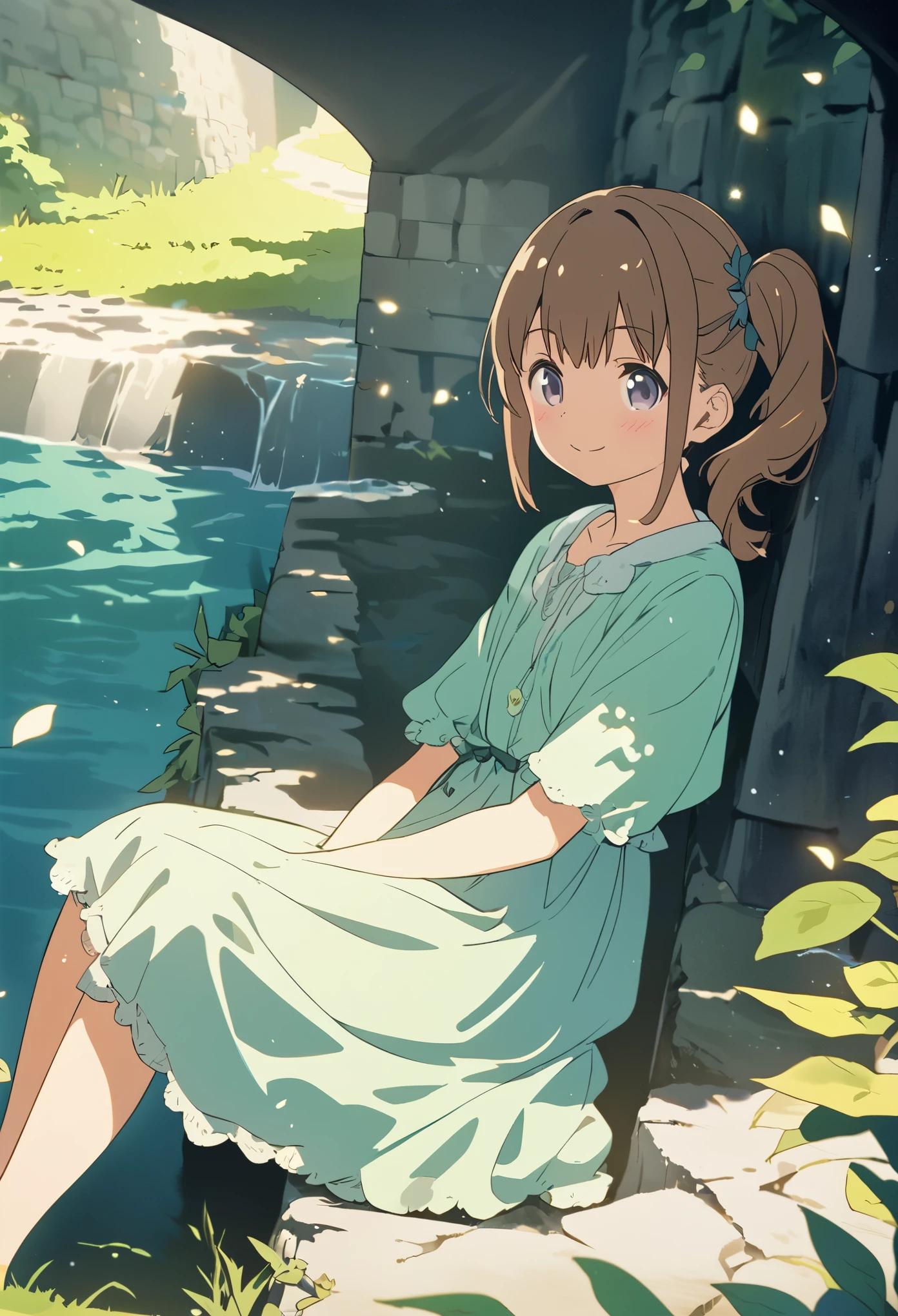 1girl,10yo,brown hair,black eyes, (red round eyewear), side ponytail,smile, blushful, Beneath an old stone bridge, where the shadows are thick and the air is cool, a girl reclines on the soft grass by the riverbank. She is partially hidden in the shadow of the bridge, her expression one of quiet indulgence as she enjoys the cool breeze and the gentle sound of the water flowing by. Dappled sunlight filters through the gaps in the stone, creating a soft, ethereal glow around her, contrasting with the deep shadows under the bridge.,((best quality, high resolution)), (delicate illustration), (pastelcolor style illustration:0.4), (watercolor style illustration:0.4), ((beautiful:1.3)), (anime key visual),4k,Perfect Anatomy,