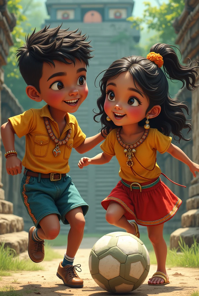 A boy and a girl in typical Honduran clothing oriented to Mayan football