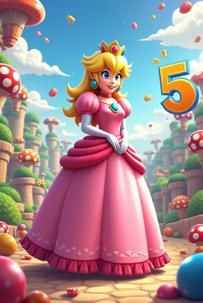 An image for a birthday post, with the theme of MARIO'S PRINCESS PEACH, that you can see the MARIO KARTS landscape, that birthday number 5 be specified, and in the image that says "HAPPY BIRTHDAY JAELYS KASAHIA"
