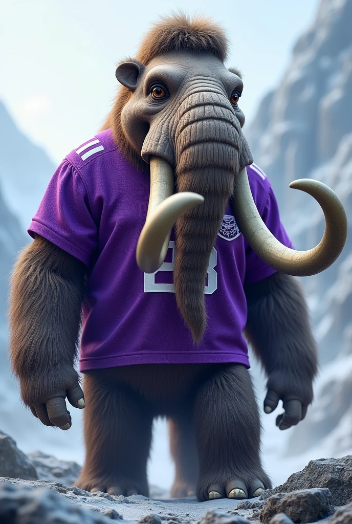 A mammoth wearing a purple soccer jersey with the number 23 on it
