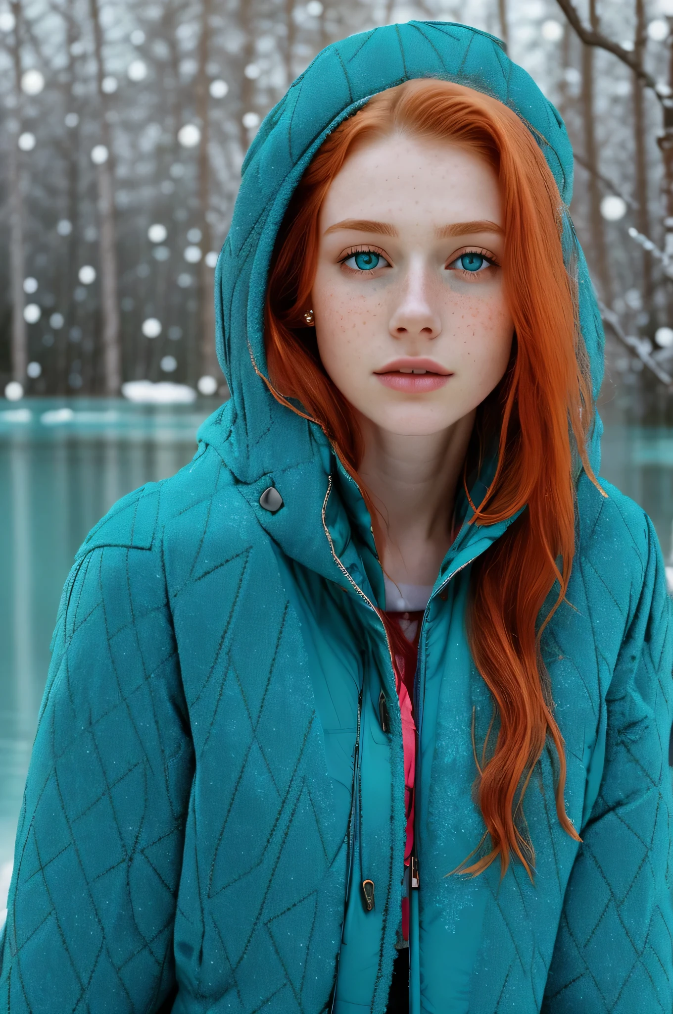 1 girl in, 19yearsold, standing alone, aesthetic art, irish redhead, wavy red hair, shoulder length red hair, grey-eyed, light gray eyes, some small freckles, pale skin, A glass, breasts small, runner&#39;s body, (texturized skin, skin pore:1.1), (moles:0.8), imperfect skin, shiver, on a park bench sitting, relaxante, innocent, (extremely detailed 8k wallpaper), (soft lighting), high qualiy, film grain, Sharp focus Fujifilm XT3, f5.6, 50mm, high détail, sharp focus, (external light), (in a teal winter jacket: 1.8). A teal jacket, fluffy lining, crazy details, complexdetails, hyperdetailed
