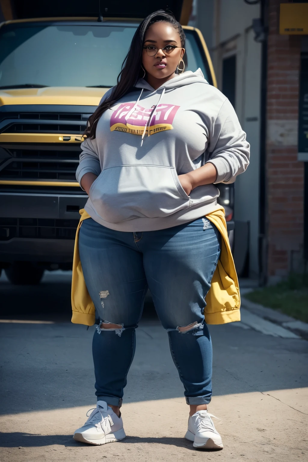 RAW, Best quality, high resolution, Masterpiece: 1.3), Beautiful representation of a 300-pound Person American SSBBW 46DD-26-48 (Big Beautiful Woman) in streetwear, Masterpiece: 1.3, Realistic, Detailed, 1person, Saggy-belly, Dimpled-face, Warm skin tone, Comfortable clothing, Colorful casual outfit, Hoodie, yellow panty boxers, Sneakers, Soulful expression, Charming personality, Expressive, Engaging, Captivating, Inviting, Authentic representation of body positivity, Confident and proud. 3D Octane rendering, ray tracing, super detailing viewer