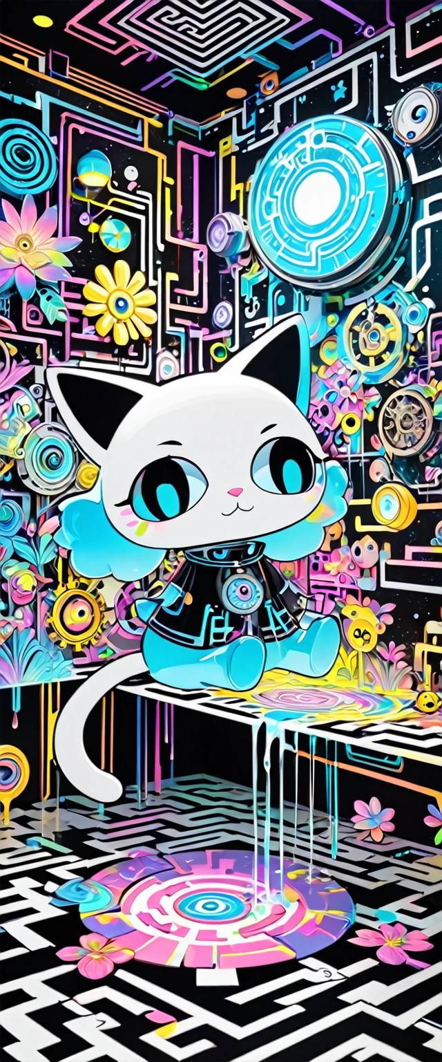 fusion of acrylic and collage paintings, 3D, clockwork, mysterious clockwork space, labyrinth space divided by neon line lights, (dripping fluorescent paint:1.3), iridescent flowers blooming from the point of impact, maze, labyrinth shaped, (chibi girl and cat peeking out from the side, pixar style), black and white and pastel colors, transparent, mysterious and funny high and fine artwork