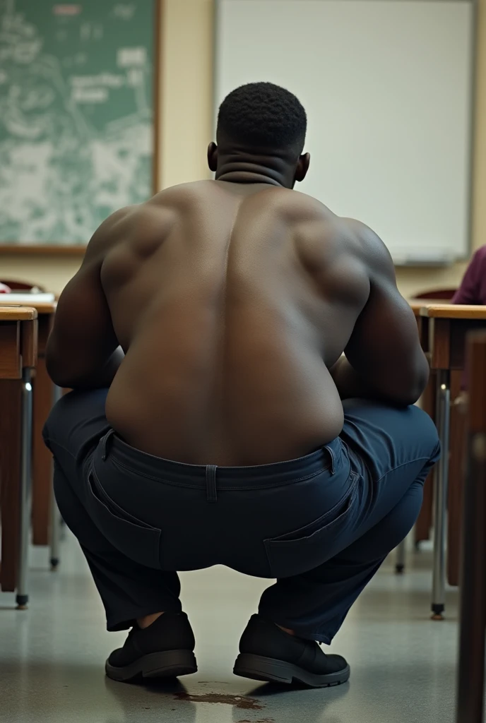 Black men squatting with a huge butt in very tight school uniform, huge bulge, in school, classroom, big cock, wet stain near crotch area of slacks, huge pecs, huge muscles, 6 pac, tall, side view, round and big butt, huge thighs