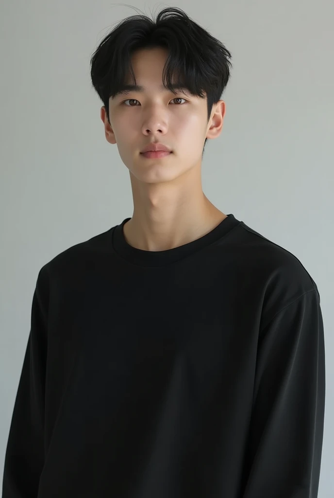 A fair-skinned Korean teenager wearing a black shirt , Official product pictures, Bad Ulzzang, long-sleeved shirts, Inspiration from Zhang Han, Inspired by Jeon Seok Lee, long-sleeved shirt, Chai Sukun, Handsome Chinese guy with short hair trying out a style