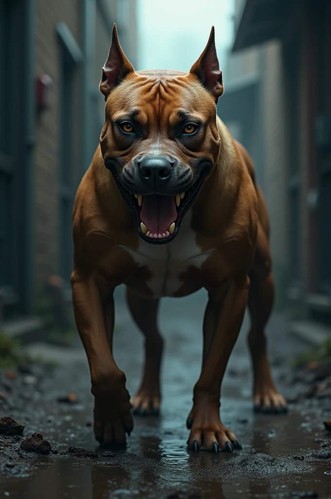 A Pit Bull with a fierce, snarling expression and intense eyes, showcasing its aggression. Its muscular frame is tense as it stands in a dark, gritty urban alley, ready to defend its territory.”