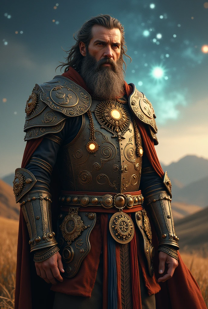 Gypsy man in armor and medals of the sun and stars hanging around by ribbons