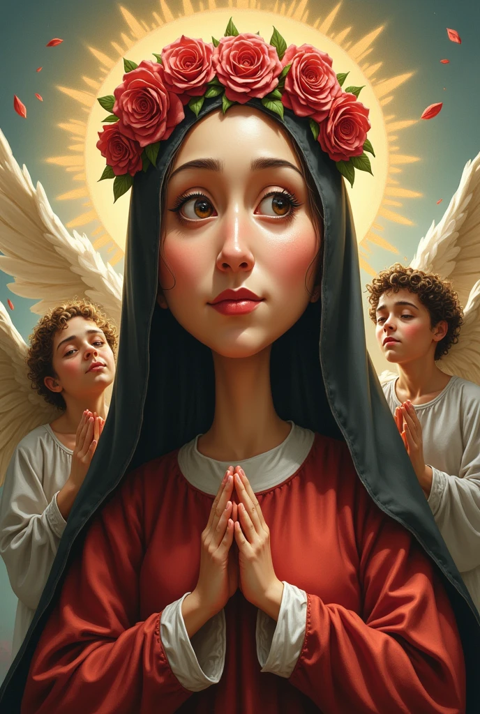 Caricature of Saint Rose of Lima, occupying all the space on the sheet, highlighting the values that as a saint she invites us to live , adds to the image his practice of severe asceticism, the roses on her head, add angels, her face to be as similar as possible to the real one