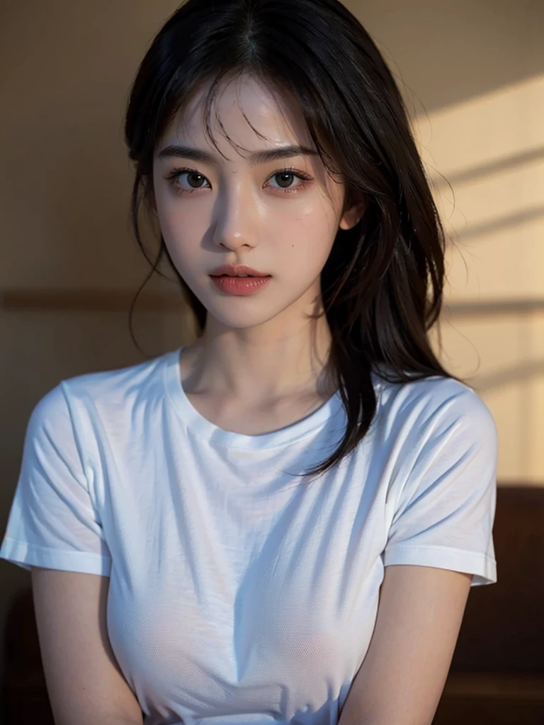 Highest quality、masterpiece、Ultra-high resolution、(Realism:1.4)、 1 person、In a pale background、Deep Shadow、Low Key、Shortcuts、Upper Body、sex appeal、Wearing a thick T-shirt、Cosmetic CM