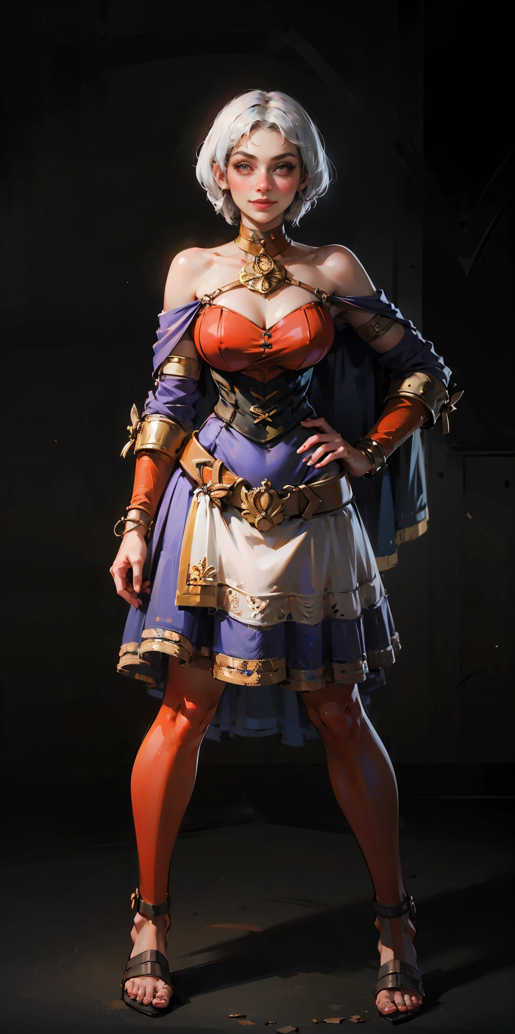 ((BLACK BACKGROUND,1:2, masterpiece)), full body MILF BIMBO standing with two long thighs and two metal sandals, red eyes, silver white hair, short bob style hair, big breasts, cleavage, separate sleeves, tiara royal, long cape up to two feet, yellow bikini, hands on waist, navel, lustful smirking smiling, smile face (red blushed, red cheeks), metal shoulders, gold sleeveless armbands, black leather choker slave collar, shackle bracelets, sex slave red crest, pauldrons, breastplate, corset, eye focus, full body, whole body. 1solo . slave fighter, loincloth standing, hands on hips, metal sandals, backpack, choker, big belt, view from below, feet together, bracers, tiara)
