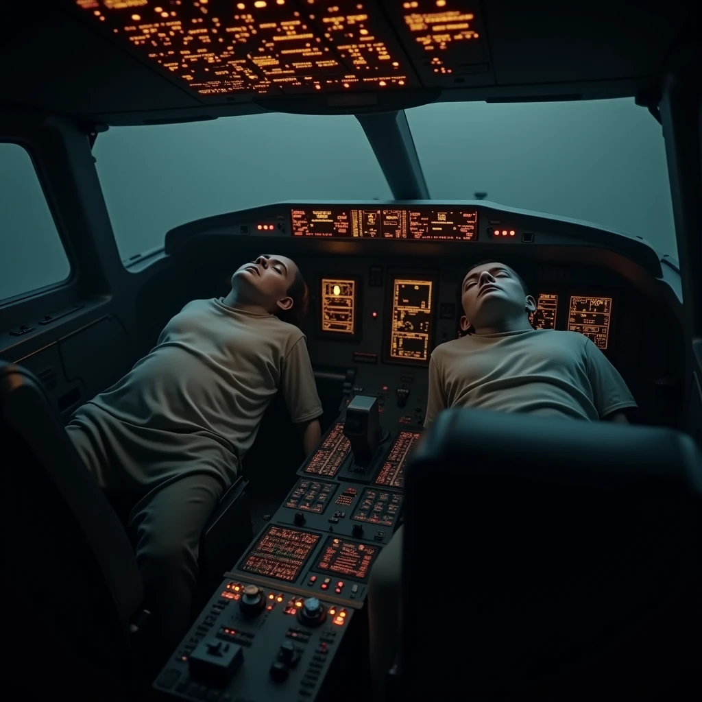 In the dimly lit cockpit of an airplane, the two pilots are visibly dead, slumped lifelessly over the controls. Their bodies are limp, with eyes open and lifeless, skin pale and cold, as eerie shadows accentuate their hollow expressions. The cockpit is filled with a disturbing silence, broken only by the flashing red and yellow warning lights that cast a sinister glow over the scene. The control panel is chaotic, with buttons and switches in disarray, adding to the macabre atmosphere. The overall scene is dark, with a chilling sense of finality and horror, capturing the terrifying reality of the pilots' demise. (extremely detailed CG unit 8K wallpaper, Artwork, best quality, ultra-detailed, hdr:1.2, dark and terrifying atmosphere, eerie lighting, horror vibes)