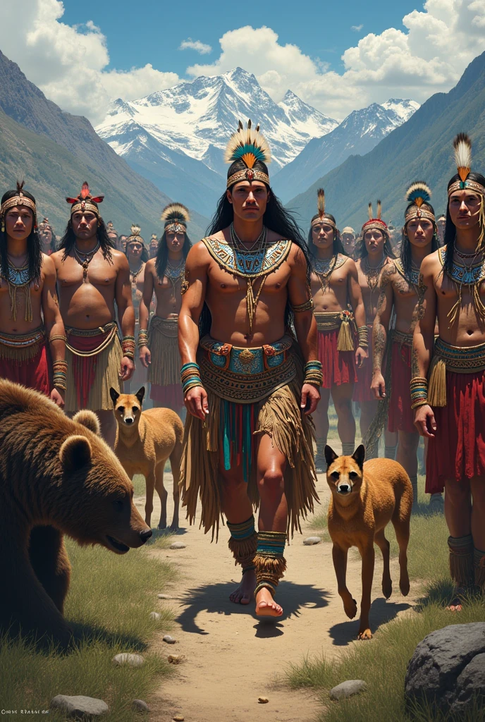 Meeting of inhabitants of pre-Columbian America from Alaska to Patagonia, each inhabitant of each region wearing their typical clothing and an animal from the region as a pet