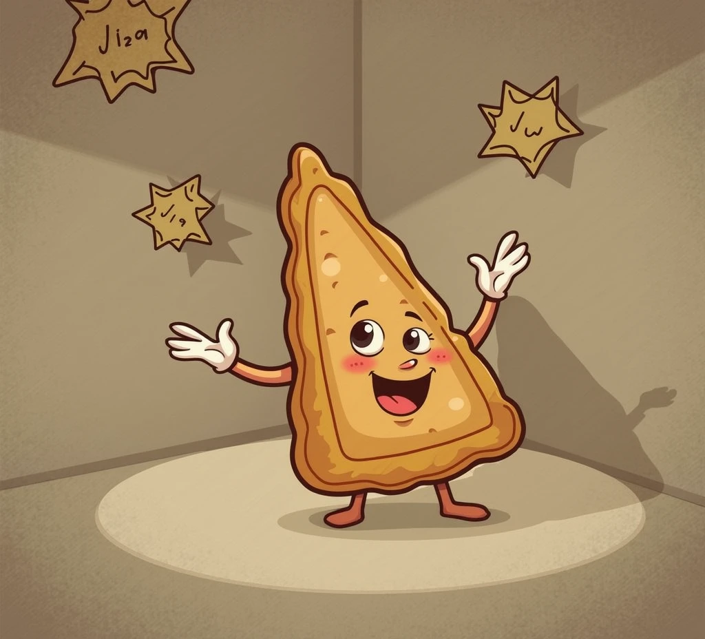 clearing! Here is a prompt you can use:
"Create an illustration of a closed esfiha with a triangular shape. The esfiha must have a very happy expression, with a wide smile and bright eyes. Add open arms to accentuate the feeling of joy and enthusiasm.. The esfiha should look cozy and inviting, transmitting a feeling of happiness and warmth."