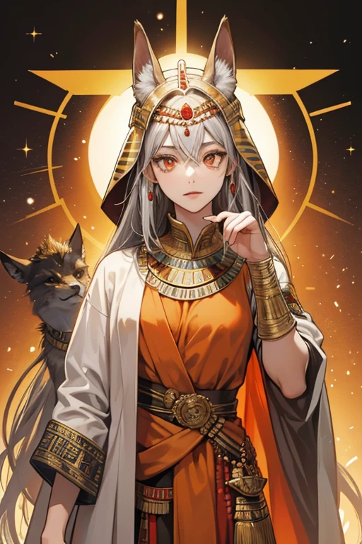 she is with tan skin, red-orange eyes, and medium-length grey hair.

her clothes appear to be inspired by traditional outfits that were worn during the Ancient Egyptian civilization. Her headpiece resembles the head of Anubis, a jackal-headed deity, also known as the God of the mummification. The kilt-like garment Cyno wears is reminiscent of the Shendyt, which was a popular men's clothing, usually depicted on Ancient Egyptian commoners, rulers and even deities. SPARKLE; GLITTER