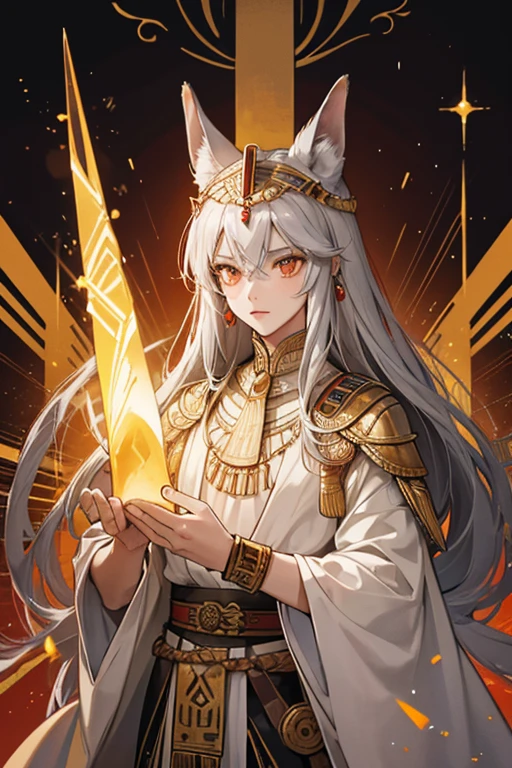 she is with tan skin, red-orange eyes, and medium-length grey hair.

her clothes appear to be inspired by traditional outfits that were worn during the Ancient Egyptian civilization. Her headpiece resembles the head of Anubis, a jackal-headed deity, also known as the God of the mummification. The kilt-like garment Cyno wears is reminiscent of the Shendyt, which was a popular men's clothing, usually depicted on Ancient Egyptian commoners, rulers and even deities. SPARKLE; GLITTER
