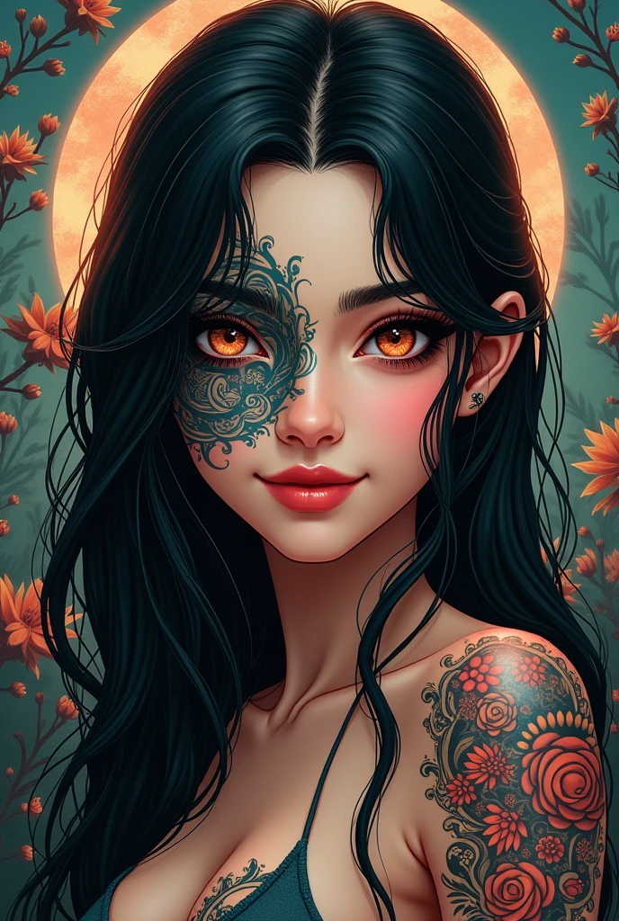 crystal style art, a very beautiful attractive woman with black hair, happy smile, inspired by Ryan Barger, fantasy art, sakimichan frank franzzeta, a woman's face is one third covered with impressive unique tattoos, greg rutkowski, beautifully infected, gamora, vivid colors surreal intricate details 8k