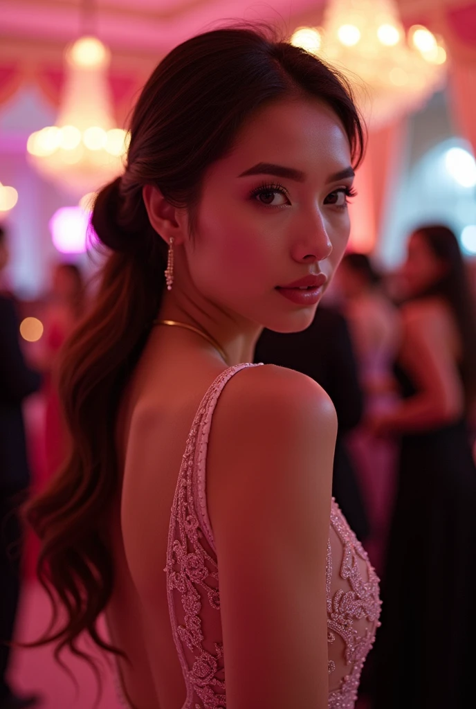 neon_outlines, close up, classy woman in a long evening dress, upscale gala event