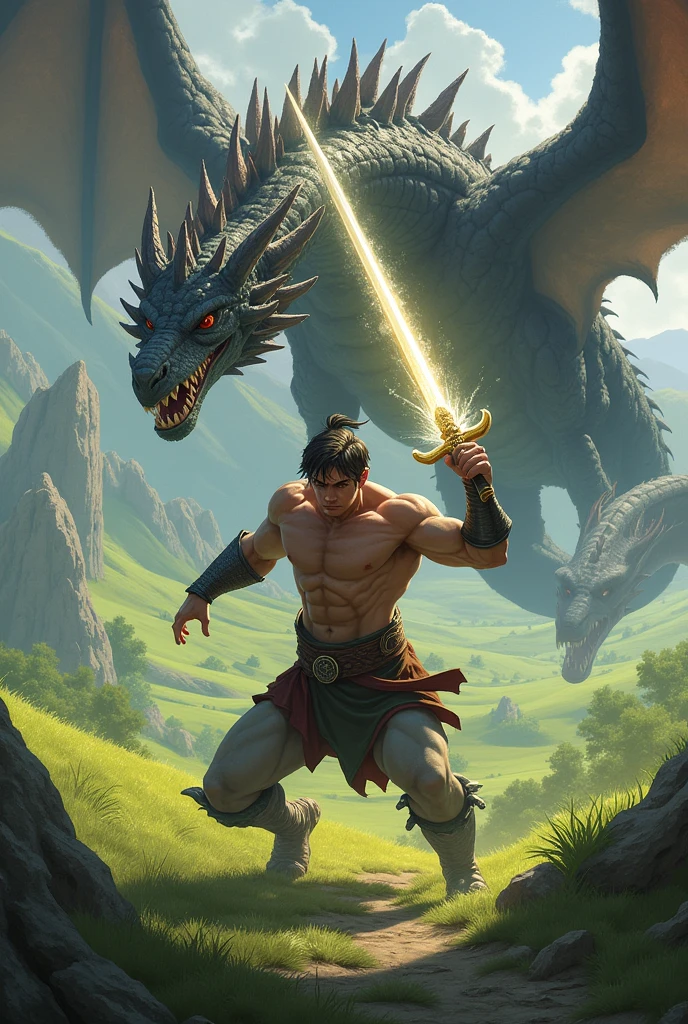 a strong,  young man, serious-looking man, fighting powerful dragons. the man is brandishing a sword of blinding light. The landscape is of green fields in the background.