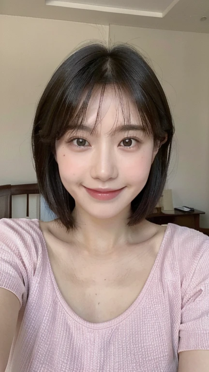 Highest quality, shape, Very detailed, finely, High resolution, 8k wallpaper,,One girl with a perfect body, Very beautiful face and eyes, Pink short sleeves, Big Breasts,smile ,完璧なダイナミックな構shape, Beautiful and exquisite,One person,Small face,Short Bob,room