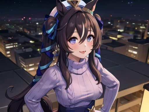 masterpiece, uhd, best quality, highres, 8k、shoot from above、upper body shot。solo、Alone、1Alone。Girl with horse ears、beautiful girl、low length、。Smile。Light pink lip、Small breasts。Light blue dress、Knitted sweater、knitting、Veil、Veil。Hands on hips。breeze、cliff、Starry Sky。