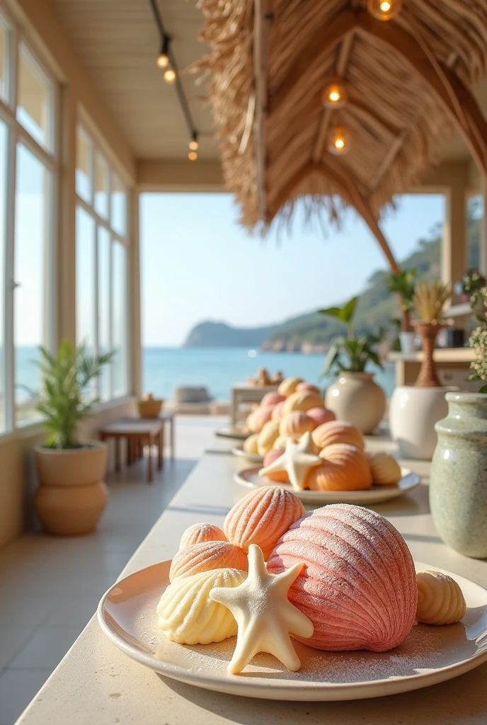 An Instagrammable Bakery, with relaxed places and no visual pollution, located by the sea, with sweets in the shape of shells and starfish. 
