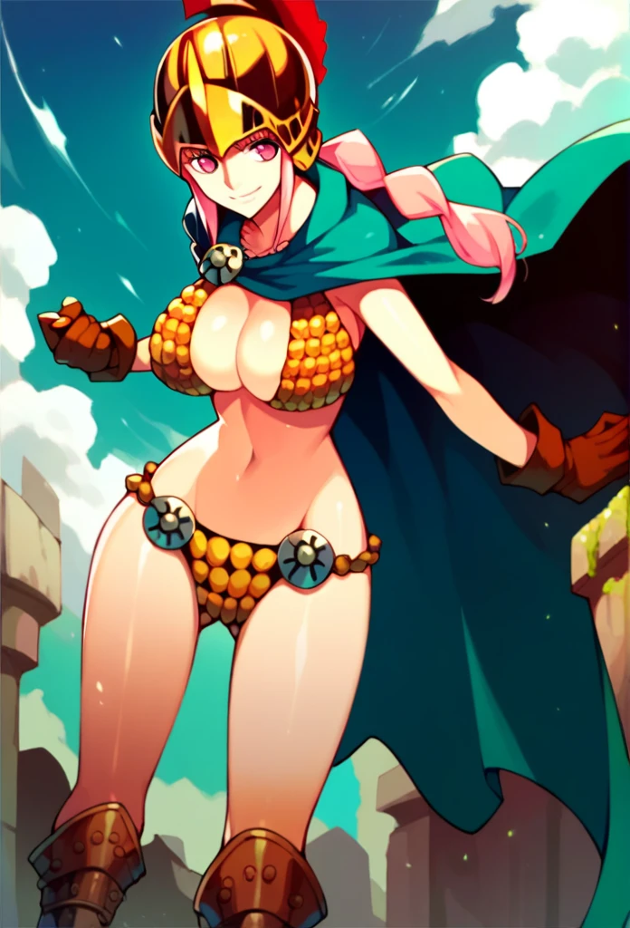 1girl, Solo, rebecca, anime style, breasts, bikini armor, pink hair, pink eyes, armor, cape, large breasts, braid, long hair, cleavage, gloves, navel, boots, shiny skin, helmet, smile, standing