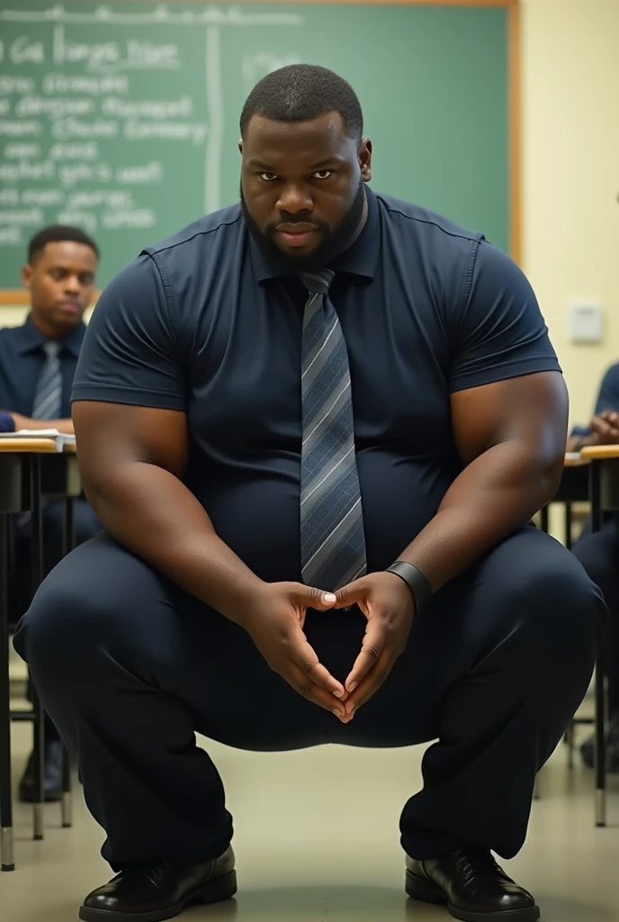 Black men squatting with a huge butt in very tight school uniform, huge bulge, in school, classroom, big cock, wet stain near crotch area of slacks, huge pecs, huge muscles, 6 pac, tall, back side, round and big butt, huge thighs