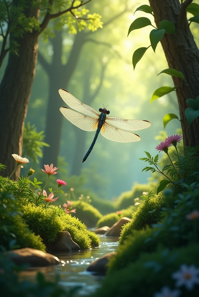 a dragonfly in a cozy forest