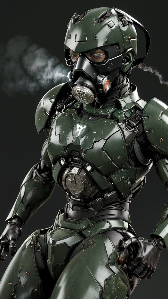 Rough skin, Very detailed, Advanced Details, high quality, 最high quality, High resolution, 1080P 、Bleeding from the wound、Hollow Eyes、Wearing green and black、((The whole body is sweating))(Equipped with a damaged battle suit....)(Dark green armor)(Broken Armor)Black Hair、Chiquita、short hair、Open your mouth、Painful expression、It hurts again、Healthy Skin、young woman defeat (Steam coming out of the face) ((Steam from the body)) Unable to fight Severe attacks ((Broken gas mask. )) Flying debris bare hands Armor Stripping Headgear damage locker room Sit on a chair